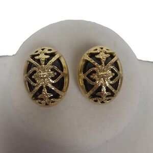 Vintage Gold Tone Caged Glass Clip On Earrings Black Ornate Statement Jewelry